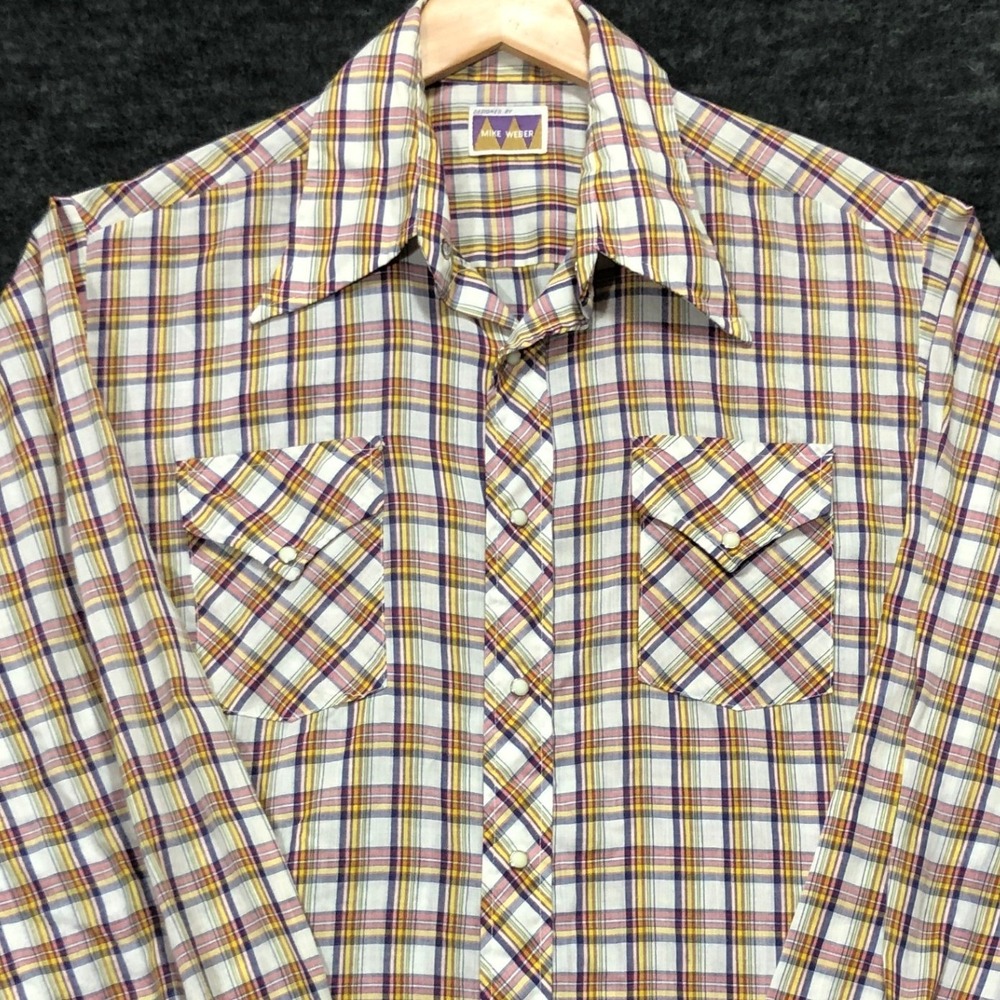 Vintage Mike Weber Mens Plaid Pearl Snap Western Shirt Yellow Purple 70s Style